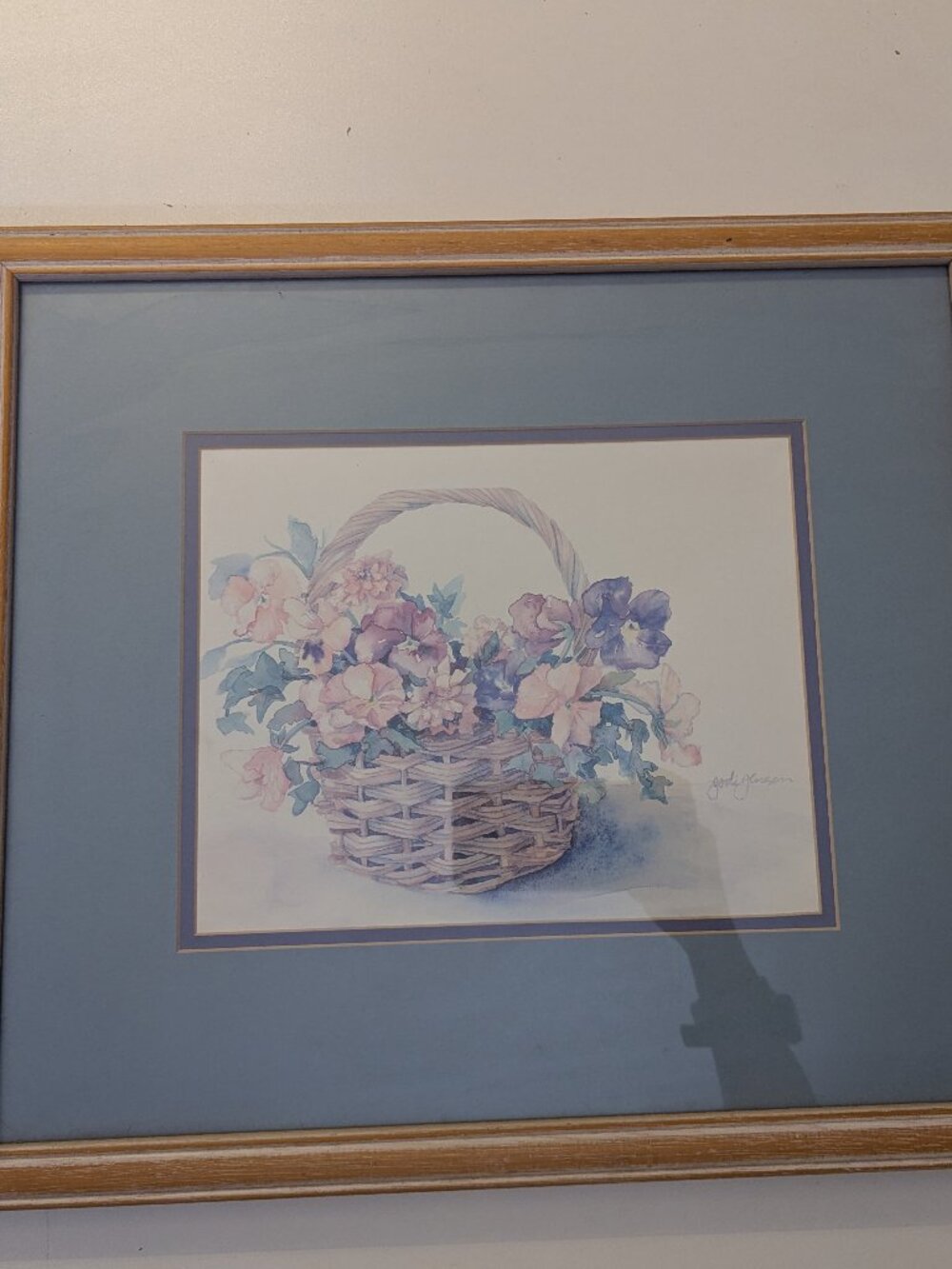 Vintage Framed Matted "Pansy Basket" Watercolor Print by Jodi Jensen